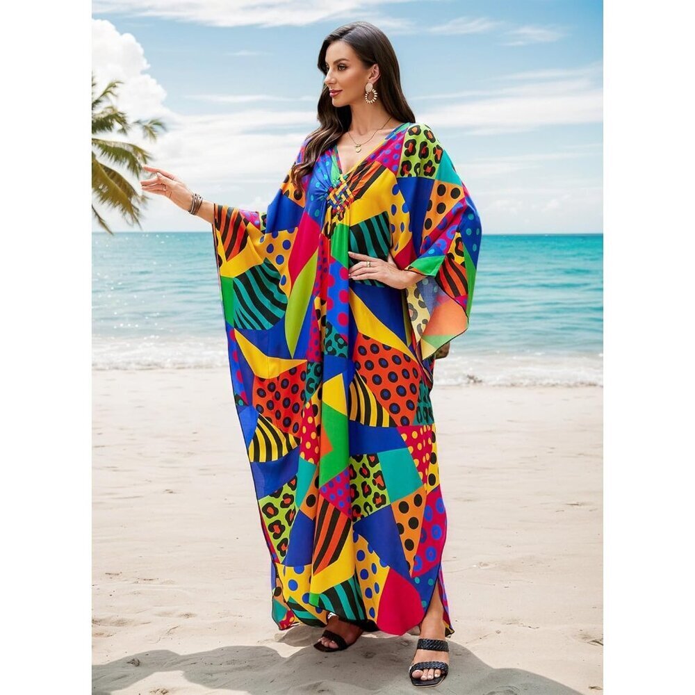 Women Colourful Polka Vneck Batwing Sleeve Flowy Split Hem Bohemian Kaftan Dress - Picture 6 of 6